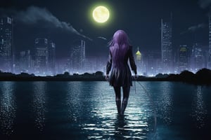 long_purple_hair, full body, water dragon, night city in the background