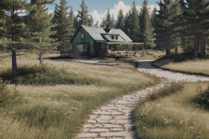 pastel colors,(8k, ultra quality, masterpiece:1.2),(realistic, photo-realistic),forest, grassy walkway, , natural beauty, cabin,