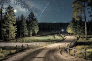 (8k, ultra quality, masterpiece:1.2),(realistic, photo-realistic),forest, grassy walkway, , natural beauty, night time, dark, gloomy, riding a boom in the night sky,