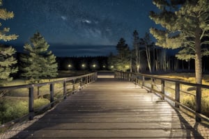 (8k, ultra quality, masterpiece:1.2),(realistic, photo-realistic),forest, heart_shape_walkway, , natural beauty, night time, dark, gloomy, riding a boom in the night sky,