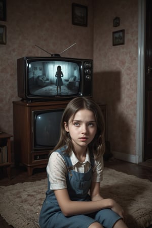 (((photorealistic)), Professional photography (A girl on a TV screen full of interference), Living room, Three-dimensional effect (ultra-realistic), (highly detailed environment), disturbing atmosphere, horror, perfect lighting, (vintage style), (horror style), The film Is still