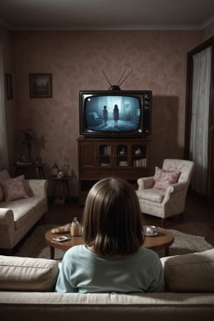 (((photorealistic)), Professional photography (A girl on a TV screen full of interference), Living room, Three-dimensional effect (ultra-realistic), (highly detailed environment), disturbing atmosphere, horror, perfect lighting, (vintage style), (horror style), The film Is still