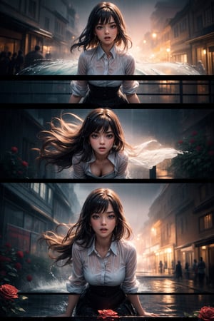 Take a deep breath and let's work on this problem step by step. expert sequence, dynamic action pose, INVISIBLE FIBONACCI WATERMARK - imagine an Unreal Engine 5 diorama that conveys the magic and charm of "dancing in the rain". The main character, a girl, is depicted in elegant and detailed poses, all wet, raindrops flowing down her face, with charming details in facial expressions and gestures. don't make a collage, there is a Hollywood street in the rain in the background, decorated with colorful roses that give the scene a touch of romance and freshness. Mesmerizing lighting emphasizes the joy and optimism of the film.., High resolution, impeccable composition, realistic details, perfect proportions, stunning colors, mesmerizing lighting, interesting plots, creative angle, attractive background, good timing, thoughtful focus, balanced editing, harmonious colors, modern aesthetics, handmade with precision, vivid emotions, joyful impact, exceptional quality, powerful message, Raphael style, unreal engine 5, octane rendering, isometric, beautiful detailed eyes, super detailed face, eyes and clothes, More details, Blush,masterpiece,better quality, high resolution, more details XL