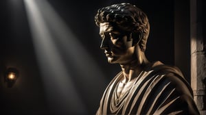 A highly detailed stoic male statue at the edge of the frame, Dreamy sunlight projection of a perfect color on face and body, perfect lights, gloomy, solid black background, perfect composition, masterpiece, fog, best quality, volumetric light, ultra realistic, focus on the face,
perfect illumination, ultra high res, intricate detail, Best quality, official art,
Lighting: Classic film noir lighting with dramatic shadows and subtle highlights
Color: Classic colors, with a focus on contrasts and noir aesthetics
Pose: back to the camera, standing

