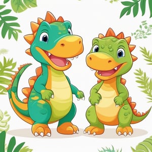 Two baby boys dressed as dinosaurs, cartoon images, clear and organized image,  extremely simple image, ((very simple image)), ((simple background)), ((white background)),  ((vector illustration)), ((simple outline and shapes)), (((vivid colors))), high_resolution,  Best quality, masterpiece, ultra high res, perfect illumination,