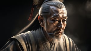 Highly detailed ancient old chinese male with wisdom, he is at the edge of the frame, close-up pic, clean face, calm, Dreamy sunlight projection of a perfect color on face and body, perfect lights, gloomy, solid black background, perfect composition, masterpiece, fog, best quality, volumetric light, ultra realistic, full body,
perfect illumination, ultra high res, intricate detail, Best quality, official art,
Lighting: Classic film noir lighting with dramatic shadows and subtle highlights
Color: Classic colors, with a focus on contrasts and noir aesthetics
Pose: back to the camera, standing

