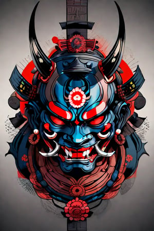 oni mask, samurai style, black and dark dark blue, extremely detailed, super stylish masterpiece, gradient_background, digital_painting, tattoo, very sharp lines