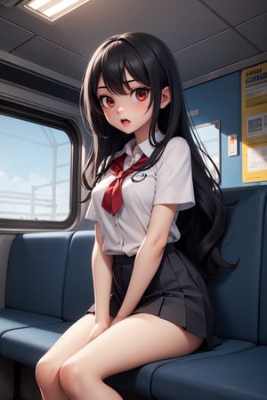 beautiful girl, 1girl, sitting with legs open, school uniform, sitting on the seats, inside a train, long black hair, red eyes, surprised look, wavy black hair, white skin,photorealistic