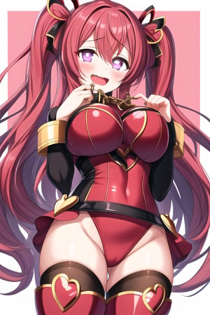 1girl, solo, long hair, breasts, looking at viewer, blush,
 smile, open mouth, large breasts, thighhighs, ribbon, twintails, 
very long hair, purple eyes, pink hair, :d, heart, pantyhose, red hair,
 leotard, symbol-shaped pupils, chain, heart-shaped pupils, red footwear, drooling, 
cuffs, heart hands, red thighhighs, red leotard


.