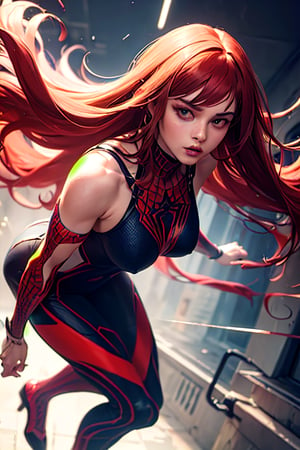 (best quality, masterpiece, colorful, dynamic angle, highest detailed)upper body photo, fashion photography of a cute  full body photo, fashion photography of cute, intense red long hair, Mary Jane in spiderman cosplay, in fighting pose,  (intricate details, hyperdetailed:1.15), detailed, light passing through hair, (official art, extreme detailed, highest detailed),
