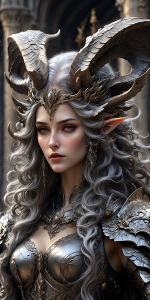 generate a high definition image, masterpiece, A woman with long flowing gray hair, adorned with horns and dark big wings and wearing intricate medieval military dark armor with highly detailed ornamentation, Her wings are reminiscent of a mythical creature, The armor is detailed and ornate with intricate detailing, with both medieval and futuristic elements. The woman's expression is serene and strong The background is a dark storming sky, adding to the otherworldly feel, realistic image with fantastical elements, dark image,bj_Devil_angel