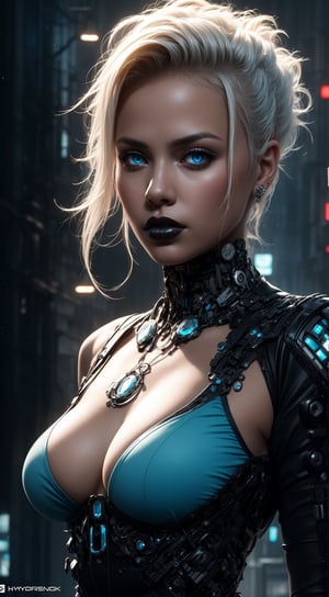 Posing, 8k, 3D, best quality, hyperrealistic, photorealistic:, tremendously detailed CG unity 8k wallpaper, masterpiece, detailed photo, full body image, (hyperrealistic realistic texture), best quality, masterpiece, highly detailed, A pretty gothic looking cyber girl, with robotic arms, Blue-white hair combed into a punk-style mohawk, blue eyes and sweet face, very detailed image, very detailed eyes and lips, intricately detailed cyber gadgets