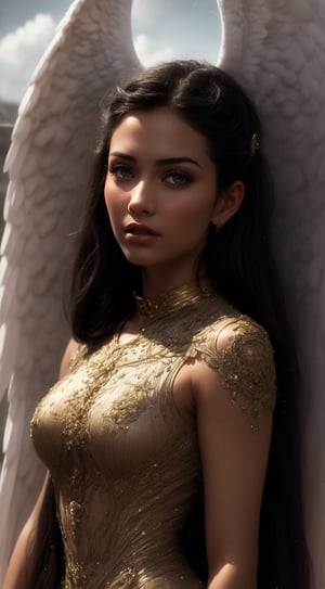 a beautiful young dark angel girl with long black hair, futuristic, scifi, intricate, elegant, highly detailed, majestic, greg rutkowski, surreal gold filigree, broken glass, (masterpiece, sidelighting, finely detailed beautiful eyes: 1.2), hdr, realistic painting , natural skin, textured skin, closed mouth, gray eyes, chest armor, eye makeup, long hair moved by the wind,Angel wings