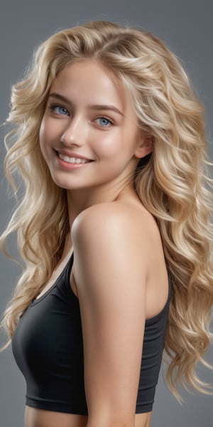 ((Generate hyper realistic half body portrait of  captivating scene featuring a stunning 20 years old girl,)) ((semi side view,)) with medium long blonde hair,  flowing curls, little smile, donning a sport shorts and a black shirt, ((with arms raised playing with his hair,))  piercing, blue eyes, photography style , Extremely Realistic,  ,photo r3al