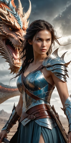 generate image of a beauty woman with a brightly shining sword  against the backdrop of a dragon flying above the eerie sky. large depth of field, deep depth of field, highly detailed, cinematic,