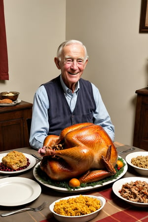 (((a  smiling old men))) ((sitting at a table about to eat a thanksgiving turkey,)) image like Norman Rockwell style,