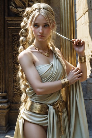 (ancient Roman fantasy art), 1 girl, beautiful, perfect face, light green eyes, small, naked covered by a white Roman toga, long dark blonde hair in a ponytail, gold necklaces and bracelets, bare shoulders, in a palace roman, fantasy, (masterpiece, photorealistic, absurd), dappled sunlight, studio lighting,holding sword