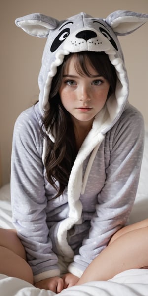 dark hair,  gray eyes,  freckles,  1girl, onesie pajama,  short pants, open coat, sitting in a bedroom animal hood,
