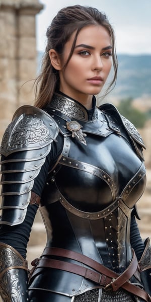 amazing quality, masterpiece, best quality, hyper detailed, ultra detailed, UHD, perfect anatomy, half body portrait, female warrior, model, elegant pose, wearing fantastic armor, black armor, ((sword in hand, Sword Over Shoulder,))  stone path (soft tones: 1.3), details extremely intricate,weapon over shoulder