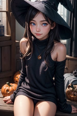 1 teen girl, only, Smile, Look at the viewer, long dark hair, light blue eyes, with a black sweater, bare legs and shoulders, with a very dark purple witch hat, black wool socks, sitting in her room, with a Halloween pumpkin, (Masterpiece, Best quality), (Beautiful finely detailed eyes), (finely detailed eyes and detailed face), (landscape: 1.2), (Extremely detailed CG, Ultra detailed, Best shadow), Beautiful conceptual illustration, (illustration), (extremely fine and beautiful), (Perfect details), (Depth of field),Cowboy shot,