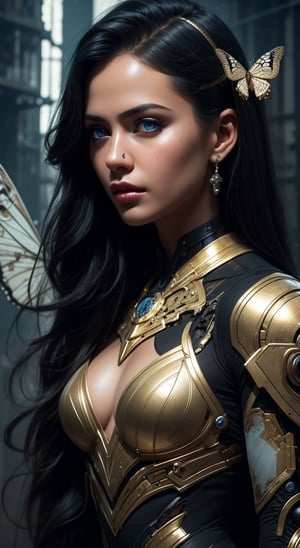 a beautiful young girl cyborg with long black hair, futuristic, scifi, intricate, elegant, highly detailed, majestic, greg rutkowski, surreal gold filigree, broken glass, (masterpiece, sidelighting, finely detailed beautiful eyes: 1.2), hdr, realistic painting , natural skin, textured skin, closed mouth, gray eyes, butterfly filigree, chest armor, eye makeup, robot joints, long hair moved by the wind,