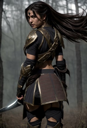 Super sexy superhero, ultra detailed, ((high resolution)), ((high detail)), cowboy photo, realistic photo, masterpiece, official art, gloomy forest background with small mysterious light, raw photo, best quality , 8k resolution, 1girl, focus on character, 24 years old, dark hair, long hair, one side braid, looks like Selena Gomez, samurai girl, (((dark red samurai hight detailed top armor,))) beautiful eyes, (delicate face), detail perfect, perfect feet, sexy legs, medium chest, nice breasts, a lot of exposed skin, visible belly, full body,(holding with two hands a great sword), a sheathed sword on his back, preparing to fight, cleavage cut, torn clothes, torn armor, broken armor, damaged armor, dirty armor, cinematic lighting, dark studio ((hyper detailed face)),((highly detailed eyes)),(((exposed thighs))) ((bare abdomen)) ((attitude attack)), ((from behind, looking over shoulder,)) ((moving pose)), samurai musume,sivir,3DMM, hoop, black scarf, bandeau,photo of perfecteyes eyes,gu