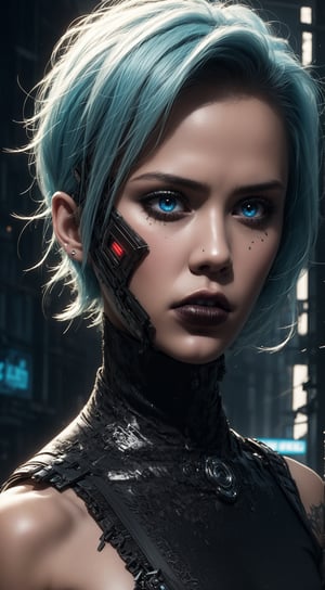 Posing, 8k, 3D, best quality, hyperrealistic, photorealistic:, tremendously detailed CG unity 8k wallpaper, masterpiece, detailed photo, (hyperrealistic realistic texture), best quality, masterpiece, highly detailed, A pretty gothic looking cyber girl, with robotic arms, Blue-white hair combed into a punk-style mohawk, light blue eyes and sweet face, very detailed image, very detailed eyes and lips, intricately detailed cyber gadgets