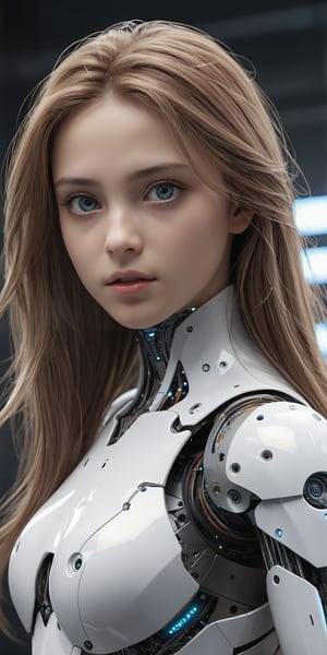 Generate image of a cyber semi robotic girl, sweet face, beautiful body, long loose hair floating in motion, standing clear piercing eyes looking into the distant horizon, intricate detail image, cinematic lighting, high definition hyper realistic image,