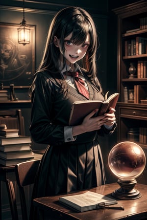 (Masterpiece, very detailed image), a ghoul schoolgirl with sharp teeth, very big fangs, studying. She is holding a book, big fangs ((a big crystal ball on her desk, books and notebooks)), school uniform, very gloomy room background,school uniform
