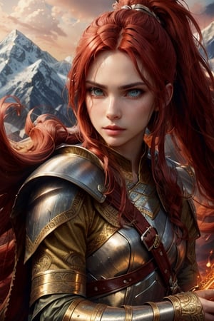 Photo of a beautiful warrior woman with long reddish hair with a side ponytail and very light eyes, wearing an intricate warrior costume and sword in hand facing a fighting dragon, mountain scene, amber glow, beautiful hyper-detailed face, hyper-detailed eyes, elements fantastic, UHD, gold and bronze, 50mm digital photography, sharp focus on face, colorful rendering, action scene