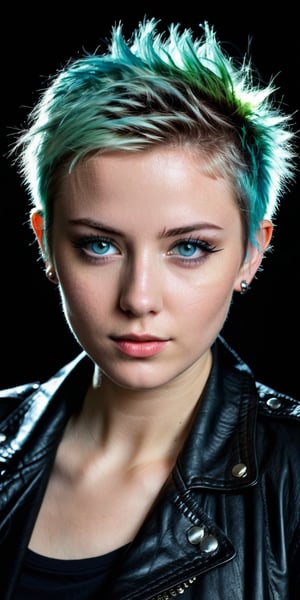 masterpiece, highly detailed (((portrait of a young girl with light blue eyes,))) Light green short hair, semi punk eighties hairstyle, sweet and shy expression, little smile, frontal view, wearing a black leather short jacket umbottoned, cozy lighting, very dark background, unusual composition, use of negative space, spectral, half body, detailed eyes, detailed mouth,LegendDarkFantasy, action shot