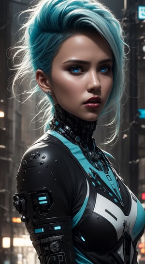 Posing, 8k, 3D, best quality, hyperrealistic, photorealistic:, tremendously detailed CG unity 8k wallpaper, masterpiece, detailed photo, (hyperrealistic realistic texture), best quality, masterpiece, highly detailed, A pretty gothic looking cyber girl, with robotic arms, Blue-white hair combed into a punk-style mohawk, light blue eyes and sweet face, very detailed image, very detailed eyes and lips, intricately detailed cyber gadgets