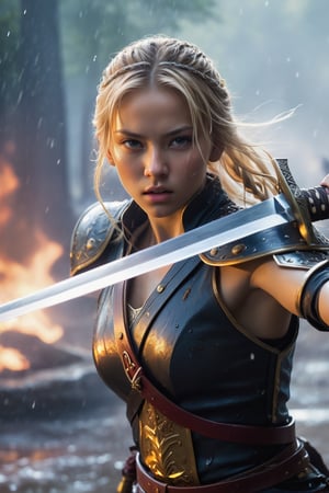 realistic, detailed, realistic details, intricate detail, cgi, masterpiece, best illustration, break, 1girl, slender, tanned skin, blonde hair, small breast, cleavage, (wet:1.2), long hair, black hair, petite, female swordsman, urban samurai, breast plate, ((intricate pattern)), ((torn clothes)), dual wielding, sword, blood, injury, princess, tiara, detailed skin complexion, seductive face, (((fighting stance, sword fight, looking at viewer))) break, (((detailed background, dark fantasy, raining, medieval battlefield, armies clashing, chaotic, fire, dark, dust, particle effect, , projectile, volumetric fog))), break, cowboy shot, perspective, rule of third, depth and dimension, depth of field, proportion, light and shadow contrast, break,better photography