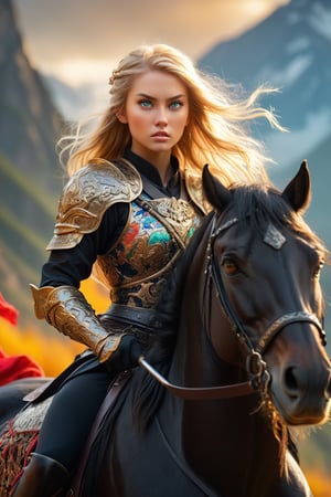 Photo of a beautiful warrior woman with long blonde hair with a side ponytail and very light eyes, wearing an intricate warrior costume and sword in hand facing a fighting enemy, riding on a black horse, mountain scene, amber glow, beautiful hyper-detailed face, hyper-detailed eyes, elements fantastic, UHD, 50mm digital photography, sharp focus on body, colorful rendering, action scene, photo of perfecteyes eyes,