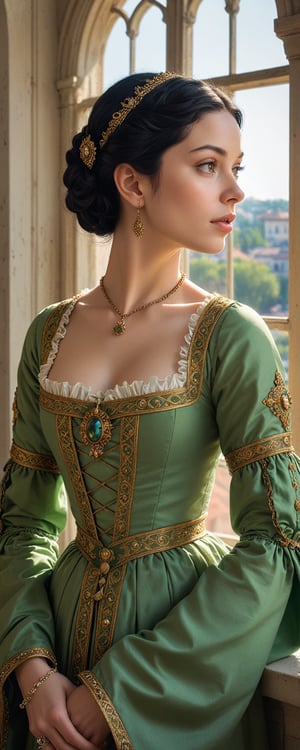 masterpiece, hyper-detailed, photorealistic, ultra photoreal, cinematic Light, renaissance woman, in16th century style dressed, medium shot image, a lady looking away, black hair. background of a sunset from the window of a palace, 16th century white and green clothes with intricate details and ornaments, ultra realistic details, photorealistic, realistic skin texture,itacstl