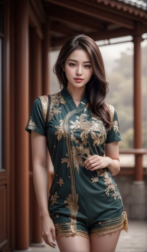 Posing, 8k, 3D, (best quality: hyperrealistic: photorealistic: intrincate detailed CG unity 8k wallpaper: 1.5, masterpiece: 1.3, detailed photo: 1.2), (hyperrealistic realistic texture: 1.4 ), {best quality }, {masterpiece}, highly detailed, Asian woman, dressed in a typical dark green Chinese costume with intricate gold decorations, very long dark hair, pretty face with very soft features, sweet expression, very detailed eyes and lips, leaning on the terrace over an oriental landscape,kimono Japanese girl sakura