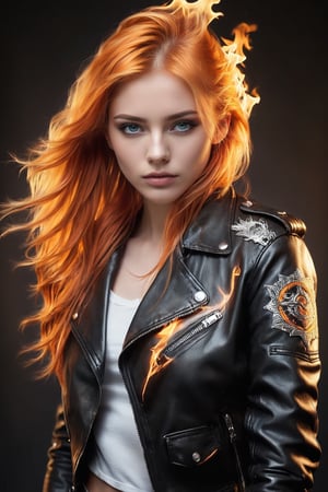masterpiece, highly detailed full body image of a teen girl with light gray eyes, Light orange long hair, punk hairstyle, sweet and shy expression, little smile, wearing a black leather jacket umbottoned and open with moving over her nude body, cozy lighting, very dark background, portrait, unusual composition, use of negative space, spectral, half body, detailed eyes, detailed mouth,LegendDarkFantasy,fire element,DonMF1r3XL