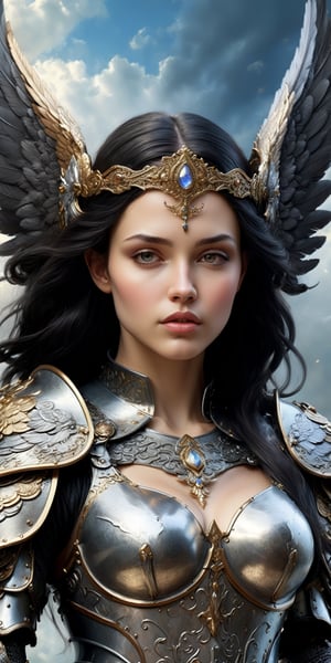 generate a high definition image, masterpiece, A woman with long flowing black hair, adorned with angel wings and wearing intricate medieval military armor with highly detailed ornamentation, Her wings are reminiscent of a mythical creature, with delicate feathers and a shimmering, ethereal quality. The armor is detailed and ornate with intricate detailing, with both medieval and futuristic elements. The woman's expression is serene and strong The background is a soft, heavenly sky, adding to the otherworldly feel, realistic image with fantastical elements, dark image,