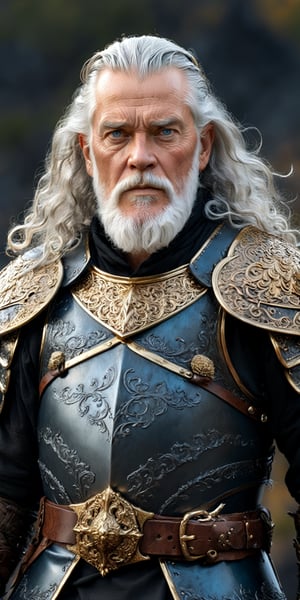 Generate hiper realistic half body portrait of a 60 year old man, wearing a very tight intricately detailed dark iron armor adorned with golden filigree, over a black clothes, With a large leather belt with a medieval sword sheathed, , standing, long white hair blowing by wind, light blue eyes, with a thick white beard, a serene look and gesture, hyper detailed, captured from a full height rear view , digital photography, Canon R5 85 mm f8 lens, 64k, UHD, HDR (high quality), ((Dark fantasy image)), photorealistic, vibrant and ultra-detailed colors. dark background,fire element,DonMW15pXL