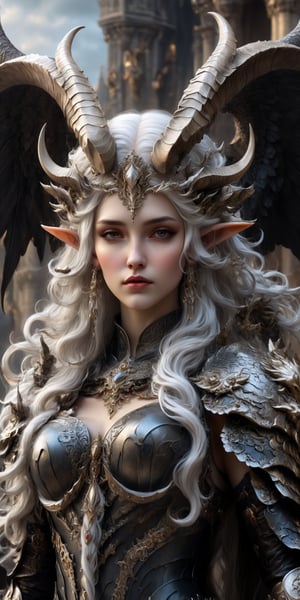 generate a high definition image, masterpiece, A woman with long flowing white hair, adorned with horns and dark big wings and wearing intricate medieval military dark armor with highly detailed ornamentation, Her wings are reminiscent of a mythical creature, The armor is detailed and ornate with intricate detailing, with both medieval and futuristic elements. The woman's expression is serene and strong The background is a dark storming sky, adding to the otherworldly feel, realistic image with fantastical elements, dark image,bj_Devil_angel