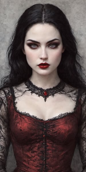 a gorgeous gothic girl, ominous, beautiful face, beautiful features, glowing bright gray eyes, seductive, pale skin, black eyeshadow, red lipstick, thick eyelashes, beautiful black hair, dark red jewelry, wearing a black intricate detailed dress, long fingernails, semi side view, black background, red linework around the character, thick line art, drapery dress, dark red cloak, looking down at the viewer, cowboy shot portrait,