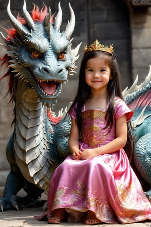 half body shot. An ultra real full body photo of a little smiling girl, sitting next to a big dragon. Long dark hair. Wearing an elaborate and colored highly detailed dress with a wide neckline, ultra close macro details, ultra contrast, ultra decoration. Intricate details of her beautiful eyes and her perfect face. very beautiful girl. ,close up