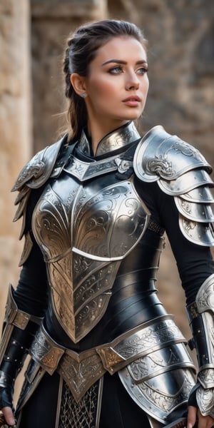 amazing quality, masterpiece, best quality, hyper detailed, ultra detailed, UHD, perfect anatomy, half body portrait, female warrior, model, elegant pose, wearing fantastic armor, black armor, sword in hand, stone path (soft tones: 1.3), details extremely intricate,