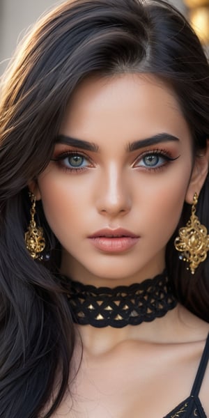 half body portrait, young model with beautiful look, black crop top with golden ornaments, detailed black hair, ultra focus, illuminated face, detailed face, bright gray eyes, seductive mouth, posing in front of the camera, 24k resolution, UHD, intricate, epic, trending on artstation, by artgerm , highly detailed movie character depiction, ultra-high quality model, sharp focus, studio photography, intricate details, highly detailed,