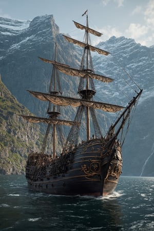 ((Generate hyper realistic portrait image of  captivating scene featuring by a old Galleon, sailing through a fjord, intricate details) highly detailed, vibrant, production film, ultra high quality model gray eyes, photography style , Extremely Realistic,  (((full body))),, darkart,3dmdt1,greg rutkowski
