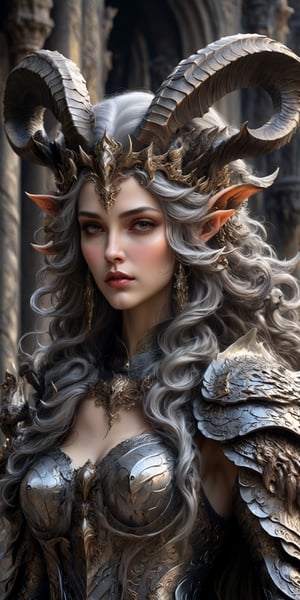generate a high definition image, masterpiece, A woman with long flowing gray hair, adorned with horns and dark big wings and wearing intricate medieval military dark armor with highly detailed ornamentation, Her wings are reminiscent of a mythical creature, The armor is detailed and ornate with intricate detailing, with both medieval and futuristic elements. The woman's expression is serene and strong The background is a dark storming sky, adding to the otherworldly feel, realistic image with fantastical elements, dark image,bj_Devil_angel