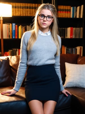 r3al photo, photorealistic, masterpiece, hyper detailed photograph of 22 years old nerdy girl posing, shy, glasses, best quality, 8k UHD, 8k, ultra quality, ultra detailed mouth, soft lighting, ((big breasts)), softbox, a professional photography, (Library background,) front view, black wool sweater, lgray mini skirt , bare legs, sitting in a couch, (((full body shot))), messy hair, detailed eyes, realistic eyes,ol1v1adunne