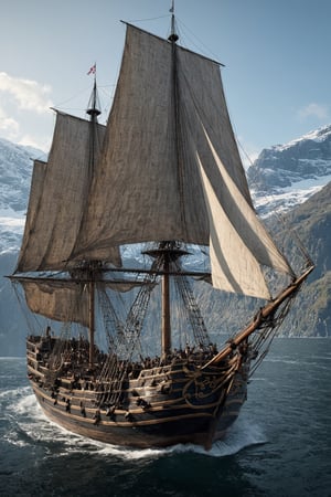 ((Generate hyper realistic portrait image of  captivating scene featuring by a old Galleon, sailing through a fjord with sails spread, intricate details) highly detailed, vibrant, production film, ultra high quality model gray eyes, photography style , Extremely Realistic, darkart,3dmdt1,greg rutkowski