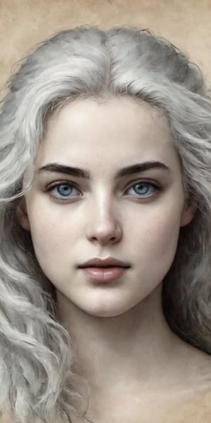 (1cute 20 years old girl), focus in body, front view, looking at viewer, very long white curly hair blowing in the wind, some strands on her face, light blue eyes, serene face and gaze, wearing a armor and winter fur cape. White skin, White skin, snowy mountains and stormy gray sky background, splash art, eye_detail, background_detail, face_detail, hair_detail, more_detail, add_detail, adddetailed, cute_face, ,ink ,on parchment,charcoal drawing,halsman