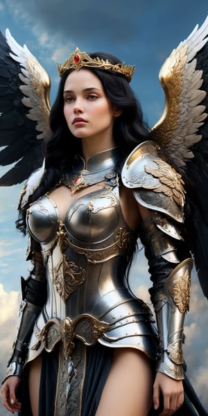 generate a high definition image, masterpiece, A woman with long flowing black hair, adorned with angel wings and wearing intricate medieval military armor with highly detailed ornamentation, Her wings are reminiscent of a mythical creature, with delicate feathers and a shimmering, ethereal quality. The armor is detailed and ornate with intricate detailing, with both medieval and futuristic elements. The woman's expression is serene and strong The background is a soft, heavenly sky, adding to the otherworldly feel, realistic image with fantastical elements, dark image,